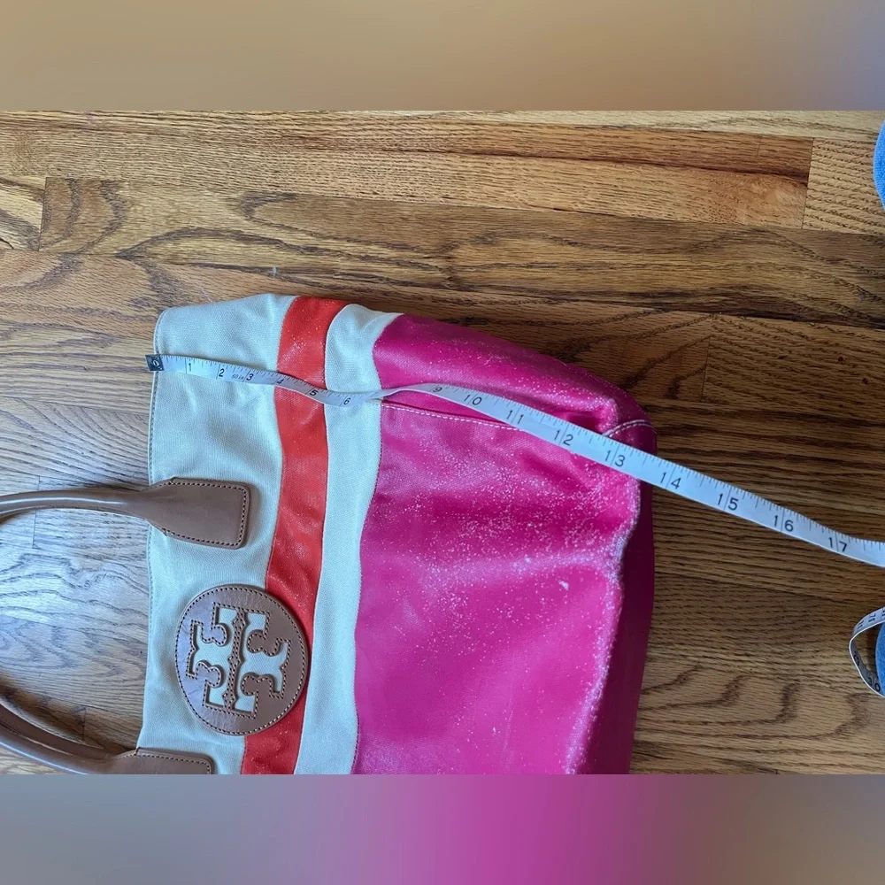 Tory Burch Pink and Cream Canvas Tote Bag